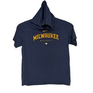 Men's Milwaukee Brewers Nike Navy Short Sleeve Hoodie Top Size Large Baseball